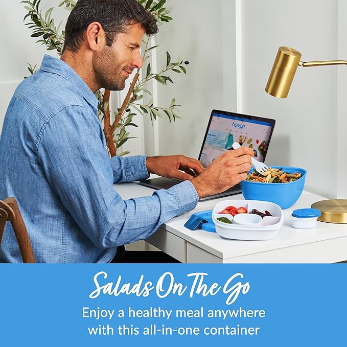 Bentgo Salad Container - 54 oz Bowl with 4-Compartment Toppings Tray, Leak-Proof Dressing Container, Reusable Fork, BPA-Free Lunch Box for Meal Prep & Food Storage; Removable Bento Tray (Blue)