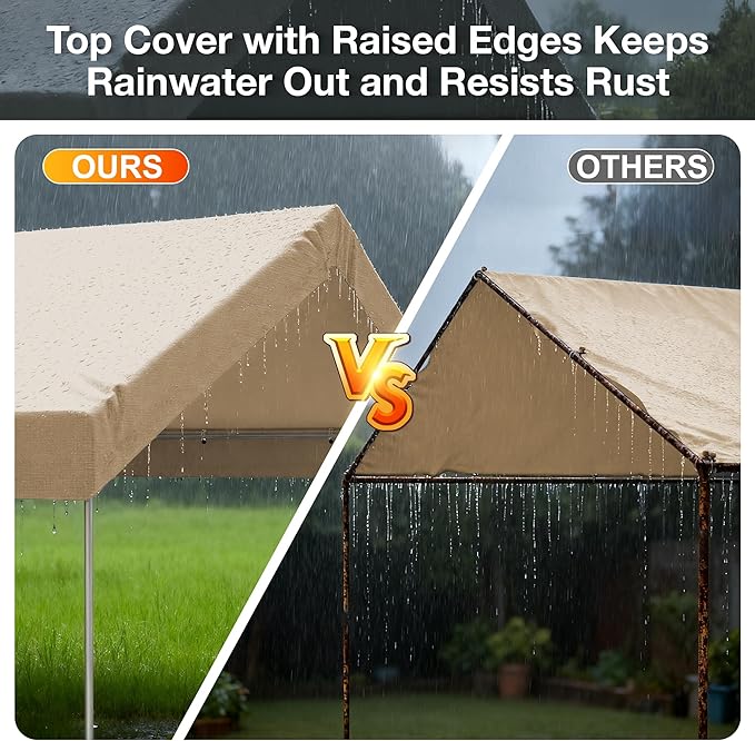 10x20 FT Carport Replacement Canopy Top Upgraded Car Port Canopy Cover for Carport Party Tent Waterproof & UV Protected, Easy Installation with Ball Bungees, Beige (Top Cover Only, Frame Not Included)