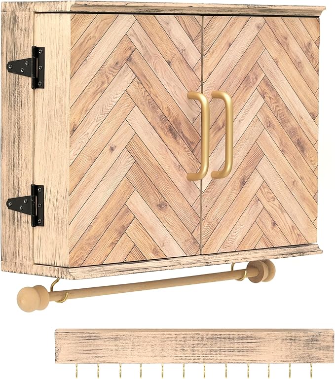 Wall Mounted Jewelry Organizer with Herringbone Wood Pattern. Jewelry holder for Necklaces, Earings, Bracelets, Ring Holder, and Accessories. Includes hooks for hanging jewelry - Brown