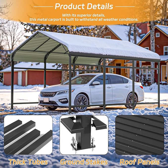 Patiowell 10'x15' Metal Carport, Heavy Duty Carport Canopy with Reinforced Frame and Galvanized Steel Roof, All-Weather Outdoor Car Shelter for Car, Truck, Boat and Tractor, Black