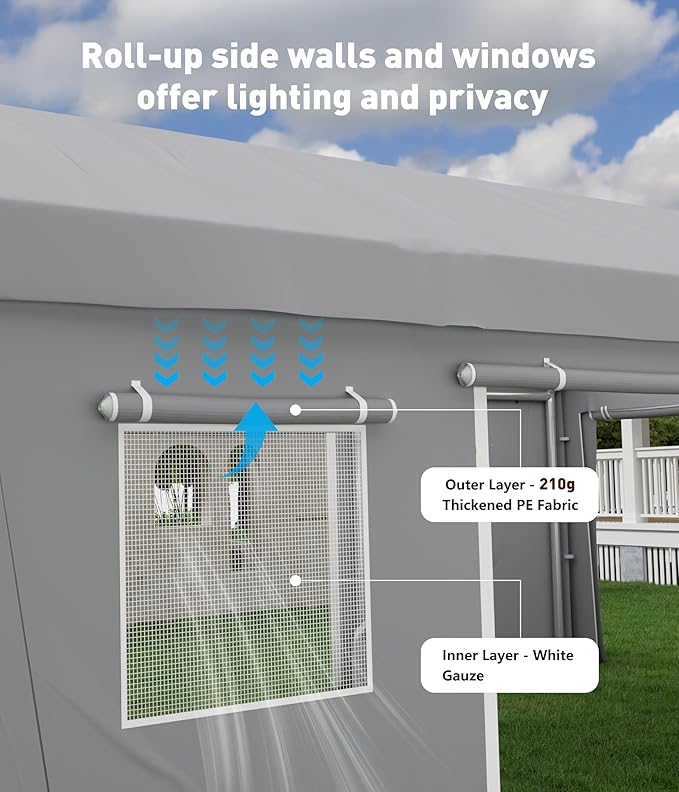 Carport, 20x10x11FT Mobile Garage with PE Tarp, Heavy-Duty Car Shelter Tent, Vehicle Canopy with Front & Rear Zippered Doors and 2 Roll-Up Side Openings, 160g, Gray
