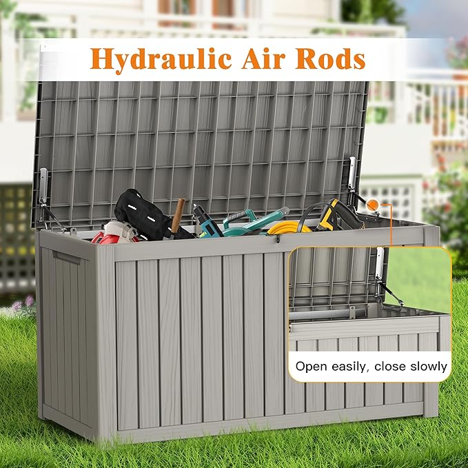 200 Gallon Outdoor Storage Box, Waterproof Deck Box with Handles and Lockable Lid, Resin Patio Storage Box with Hydraulic Rods for Garden Tools, Cushions, Grey