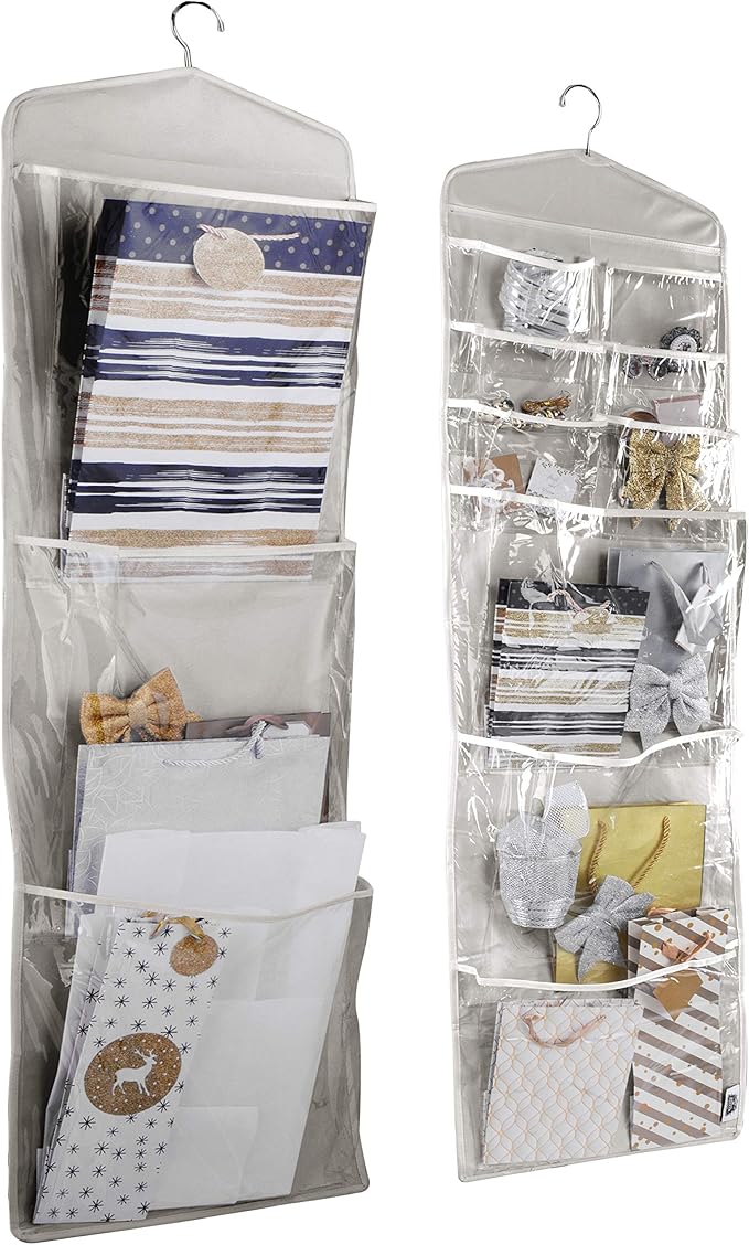 Large Double-Sided Hanging Gift Bag Organizer and Tissue Paper Holder (Grey)