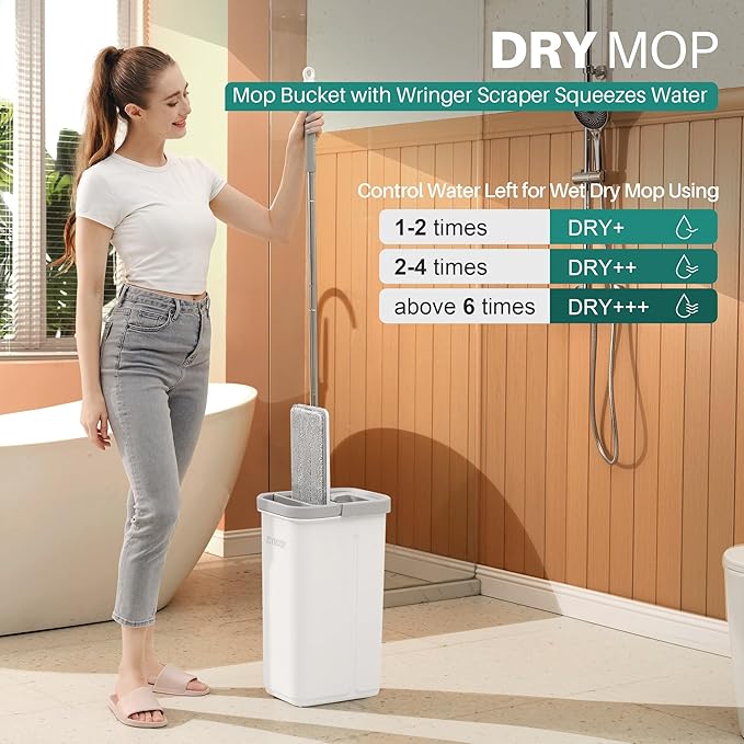 JOYMOOP Microfiber Flat Mop and Bucket System, Mops for Floor Cleaning and Wall Cleaner, Hardwood, Tile, Laminate, Vinyl Floors, Smooth Walls, and Glass Windows - 50" Flat Mop+1 Microfiber Pad[White]