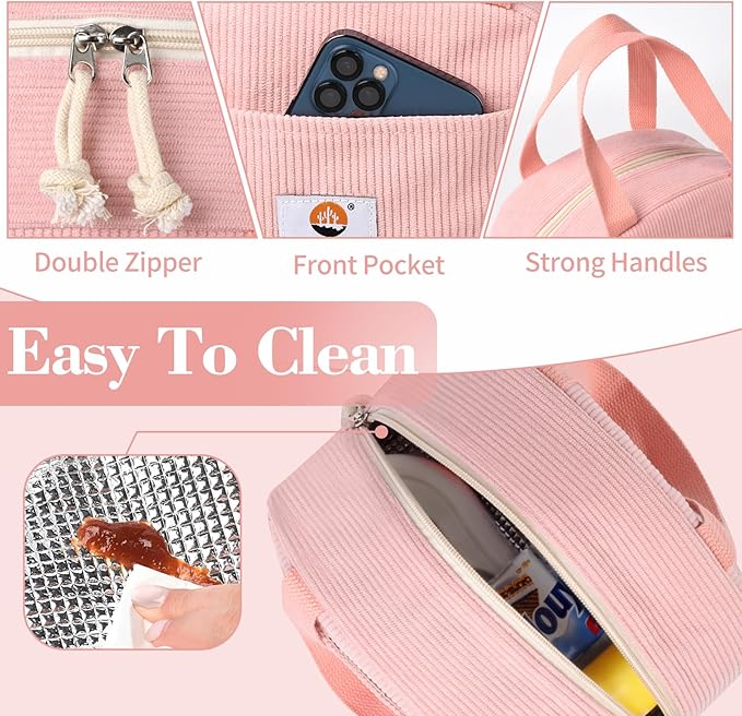 Lunch Box Lunch Bag for Women Girls Teens, Cute Lunch Box Cooler Bag, Portable Small Insulated LunchBox Reusable Corduroy Lunch Tote for Work/Travel/Picnic/School(Pink)