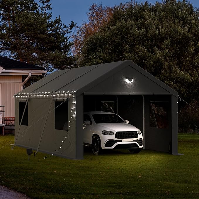 Carports Canopy 12x20 Heavy Duty, Portable Car Port Garage with Roll Up Drive Through Doors, Grey