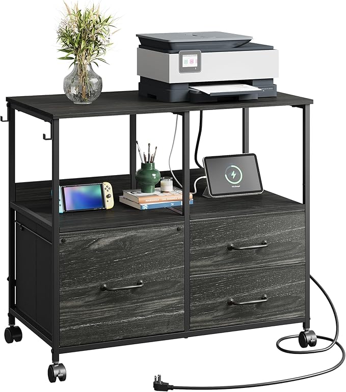 DEVAISE 3 Drawer Mobile File Cabinet, Rolling Printer Stand with Storage Shelf, Fabric Lateral Filing Cabinet fits A4 or Letter Size, Adjustable Shelf for Home Office, Charcoal Black Wood Grain Print