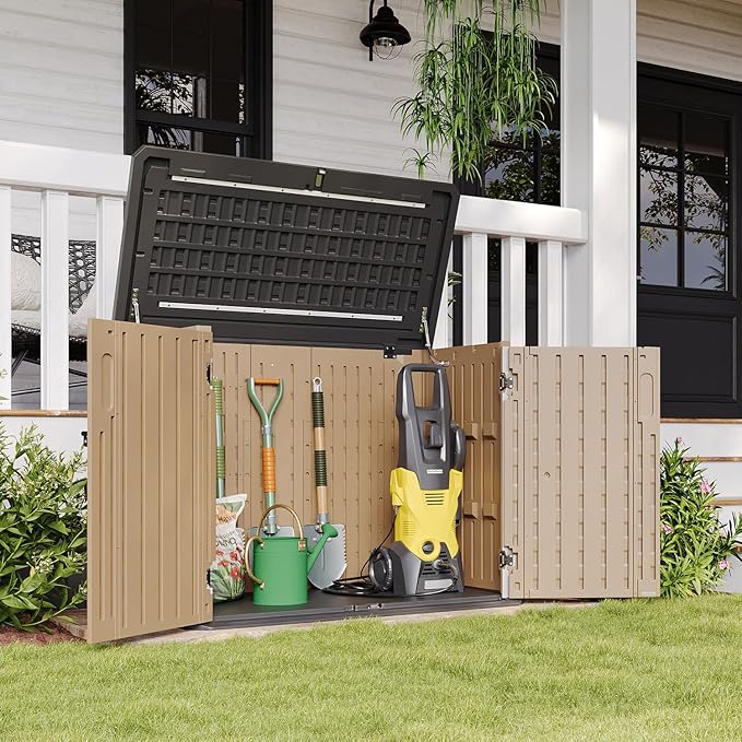 Aoxun Outdoor Storage Cabinet 35 Cu.Ft Outdoor Trash Can Storage Shed Waterproof Horizontal Storage Shed Outdoor Storage for Garbage Bin, Generator, and Lawn Mower (Brown)