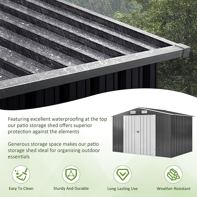 10x8 FT Outdoor Storage Shed, Metal Garden Tool Shed with Updated Frame Structure and Lockable Doors, Ideal for Backyard Garden Patio Lawn, Grey
