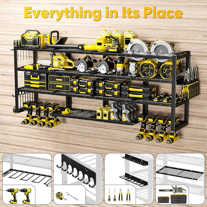 Extra Large 64" W Power Tool Organizer Wall Mount, Load 1000 lbs, Heavy Duty 4 Tier Garage Storage Rack with 8 Drill Holders, 2 in 1 Corner or Straight Installation, Gift for Men