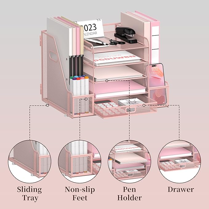SUPEASY Mesh Desk Organizer with File Holder, 5-Tier Paper Letter Tray Organizer with Magazine Holder, Desktop Organizer and Storage with Drawer for Office Supplies Home or School (Pink)