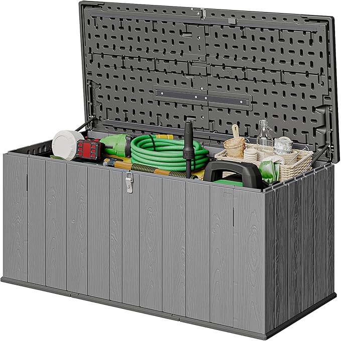 Aoxun Horizontal Storage Sheds 21 Cu.ft, HDPE Outdoor Storage Box 160 Gallon, Waterproof Lockable Resin Deck Box with Spring-Assisted Lid, Patio Storage for Garden, Pool, Cushions, Tools, Gray