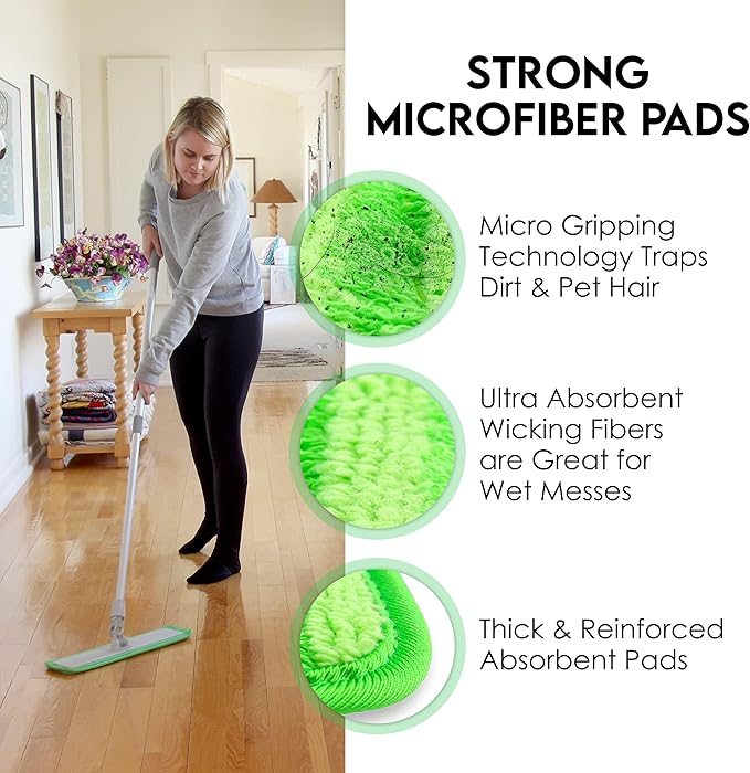 Turbo Microfiber Mop Floor Cleaning System - 18-inch Dust Mop with 4 Reusable Pads for Hardwood and Tile, 360-Spin Floor Mop Head & Extendable Handle - Household Cleaning Tools