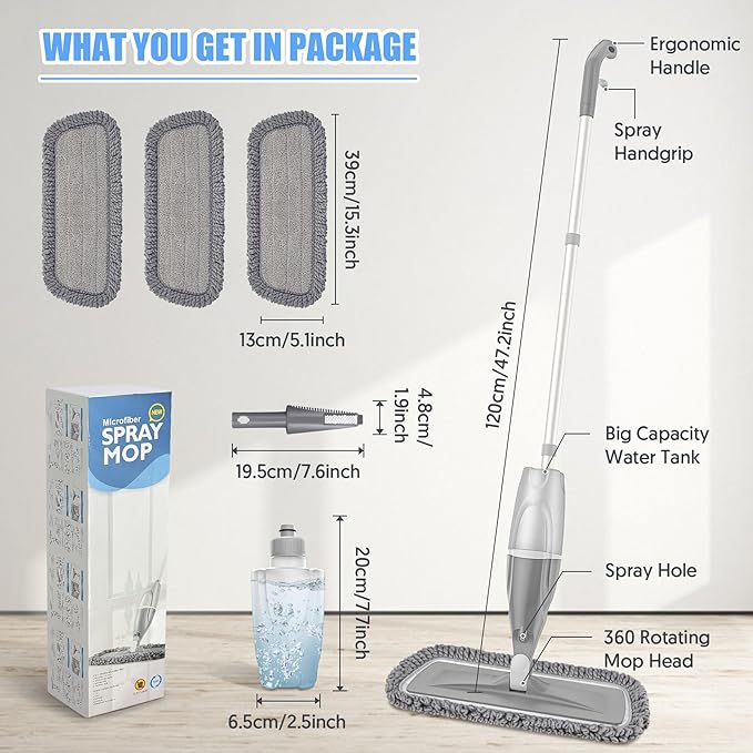 Microfiber Spray Mops for Floors Cleaning: EXEGO Dust Wet Mop with 3 Washable Reusable Pads for Swiffer Powermop &1 Refillable Bottle - Flat Floor Mop for Hardwood Laminate Ceramic Tiles Vinyl Wood