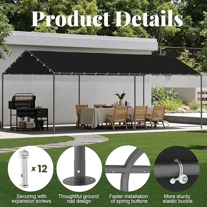 GOJOOASIS 10x20 Carport Heavy Duty Portable Garage Shelter Metal Car Canopy Tent with UV-Resistant & Weatherproof Top Cover for RV & Vehicles (Black, 10x20 Without sidewalls)