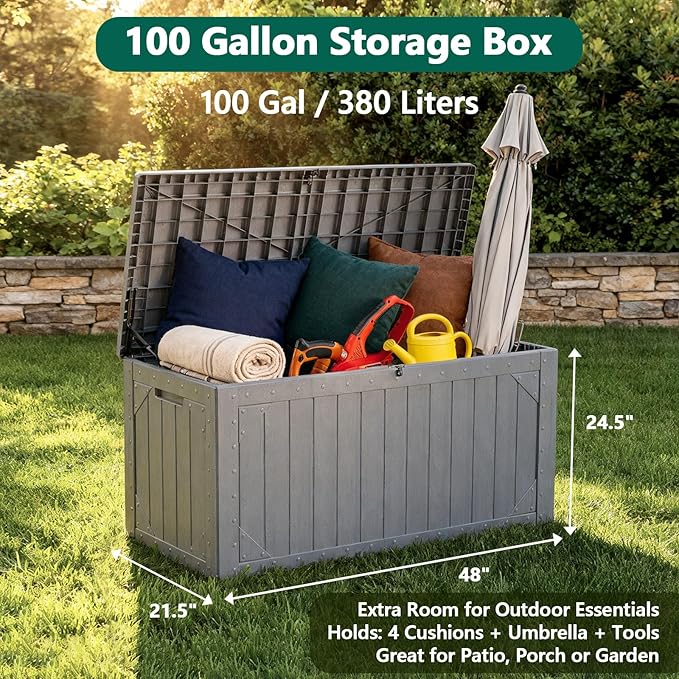 100 Gallon Outdoor Storage Box, Waterproof Resin Deck Box Organizer for Patio Cushion Storage, Lockable Outside Container for Garden Tools