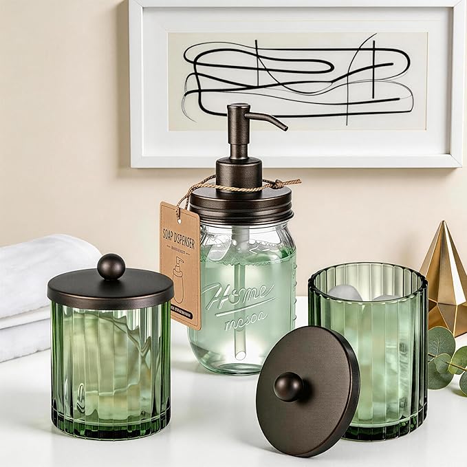 Amolliar Sage Green Glass Apothecary Jar With Metal Lid & Stickers, Bathroom Qtip Holder Dispenser for Cotton Swabs, Balls, Round Pads, Bath Salt, Floss, Countertop Canister Storage, Bronze 4 Pack