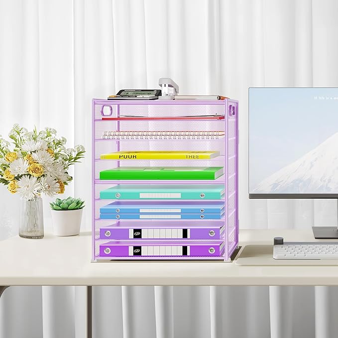 9 Tier Paper Organizer with Handle, 2 Pack Large Capacity Desk Organizer Mesh Paper Letter Tray File Folder Document Sorter for Classroom and Office Accessories Organization- Purple