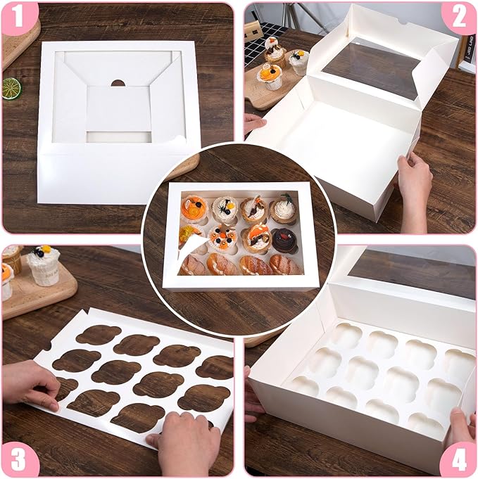 VGOODALL 12 Count Cupcake Boxes, 12PCS Cupcake Holder with Window White Pastry Boxes for Birthday Holiday Party Bakery Supplies