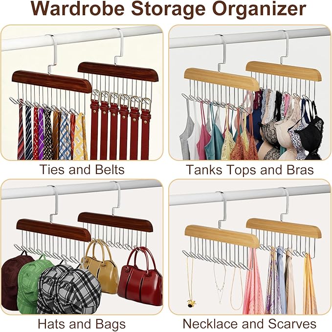 4 Pack Tie Hanger for Closet, Wooden Tie Rack Hangers for Men with 8 Hooks, Space Saving Tie Holder Organizer,Closet Storage for Ties,Belts,Bras,Scarves,Tank Tops