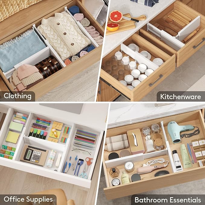 Lifewit 6 Pack 5" High Drawer Dividers 34-56cm/13.5-22" Adjustable Drawer Organizer for Clothes/Utensils, Expandable Drawer Separator in Dresser/Kitchen/Bedroom/Office Organization & Storage White