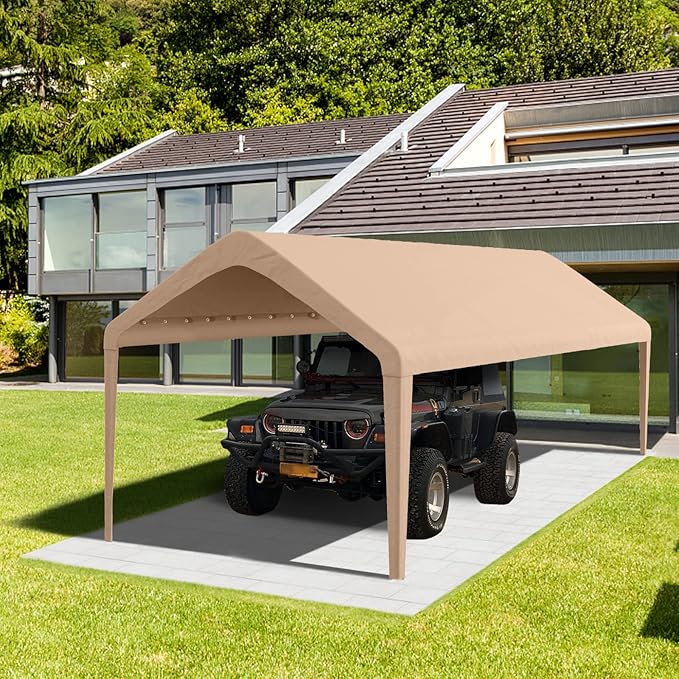 Carport Replacement Canopy Cover 10'x20' for Tent Top Garage Shelter Cover with Ball Bungees, 800D Oxford Replacement Cover Waterproof & UV Protection, Not Included Frame (Light Brown)