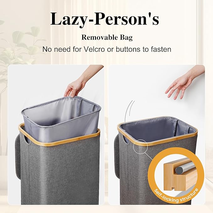 Large Laundry Hamper, 100L Waterproof Laundry Basket with Lid and Removable Bag, Collapsible Tall Clothes Hamper with Bamboo Handles for Clothes Toys in Dorm Bedroom Bathroom, Grey
