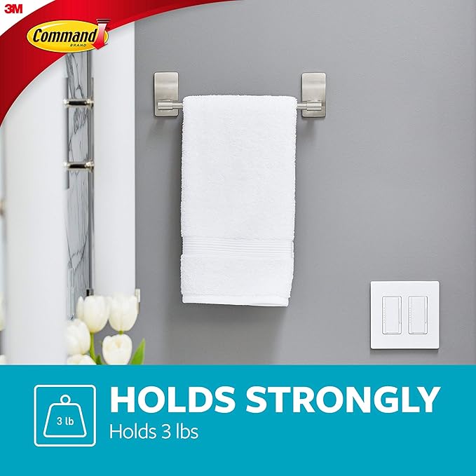 Command Hand Towel Bar Satin Nickel with 4 Water Resistant Command Strips,9" Hand Towel Holder,Holds up to 3 lb,Great for Bathroom Décor on The Wall,Inside The Cabinet,or in-The Shower,(Pack of 8)