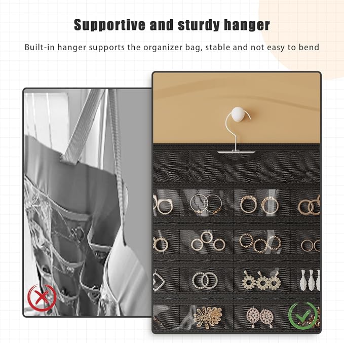 1 Pack Hanging Jewelry Organizer 80-Pocket Dual-sided Jewelry Storage for Earring Necklace Bracelet Ring Travel Holder, Black and Beige
