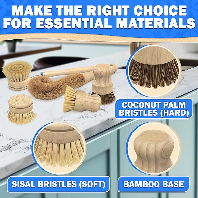 5 Pcs Bamboo Dish Brush Set – Bamboo Dish Scrubber with Soft & Stiff Non-Scratch Bristles, Ergonomic Handle, Replacement Head Included – Lightweight Kitchen Scrubber for Pots, Bottles & Vegetables