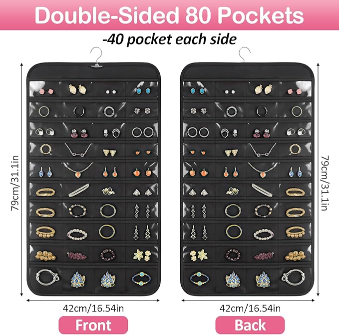 Hanging Jewelry Organizer for Closet with Swiveling Hanger, 17 x 30 In, 80 Clear Pockets Jewelry Organizer Hanging for Jewelries, Earrings, Accessories (Beige) (1, Black)