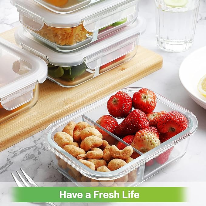 HOMBERKING 10 Pack 24oz Glass Meal Prep Containers 2 Compartment, Food Storage Containers with Lids, Airtight Lunch Bento Boxes (10 lids & 10 Containers) - White