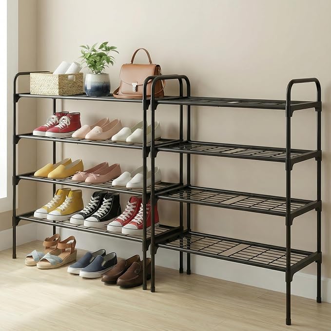 4-Tier Shoe Rack Organlzer, Rustproof lron, Spaclous Shoe Storage Shelf for Closet or Entryway, Fits Sneakers & Slippers, Black