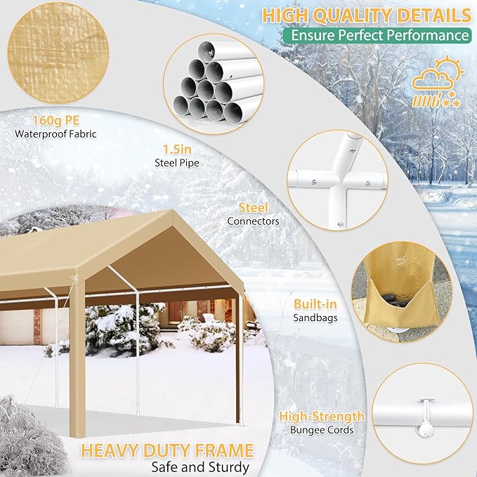 COBIZI 10x20ft Carport Heavy Duty, Portable Garage with Removable Sidewalls, Ventilated Windows & Built-in Sandbags, Waterproof Car Canopy for Truck, Boat, SUV with All-Season Tarp, Khaki