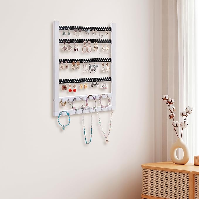 Solid Wood Earring Hanging Jewelry Organizer Wall Mounted Earring Organizer and Necklace Holder- Earring Display for studs, dangling, Necklace, Bracelet, and Rings-White Color