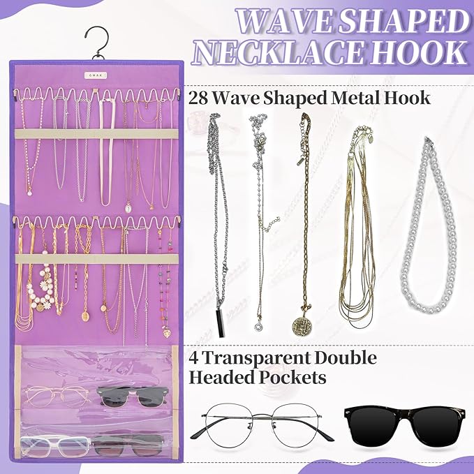 GMAK Hanging Jewelry Organizer with Hanger Metal Hooks, Double-Sided Jewelry Holder Accessories Organizer Storage Roll for Jewelry, Earrings, Bracelets, Necklaces, Rings - Light Purple
