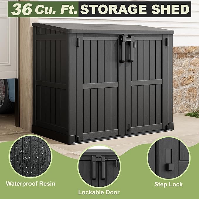 Plastic Outdoor Storage Shed, 36 Cu Ft Waterproof Outdoor Storage Cabinet with Dual Lock Door for Backyard, Patio, Garage, Garden to Store Tools & Accessories, Wood-Grain（Dark Black