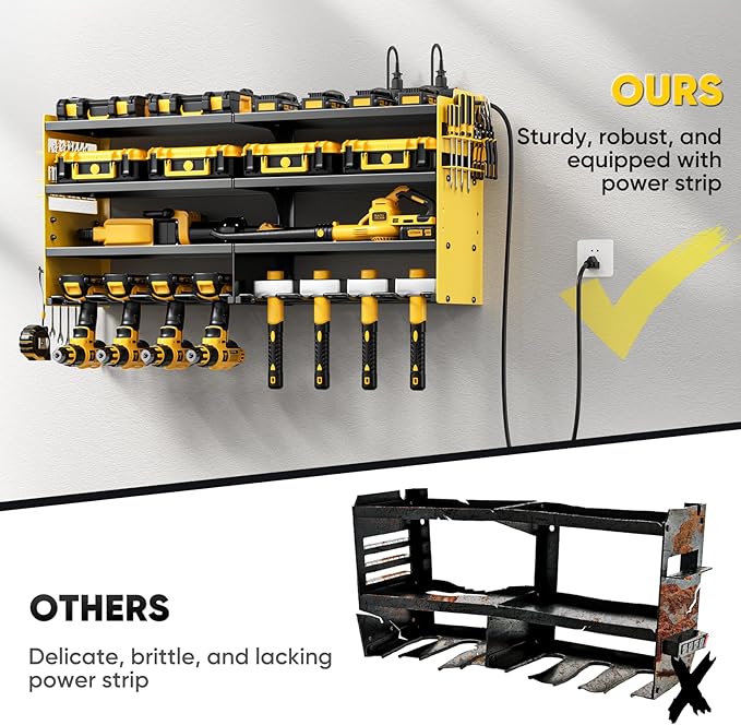 Large Power Tool Organizer Wall Mount with Charging Station,4 Layer Heavy Duty Metal Storage Rack Loads 600lbs with 8 Cordless Drill Holder,Battery Utility Rack Gift for Garage workshops Room