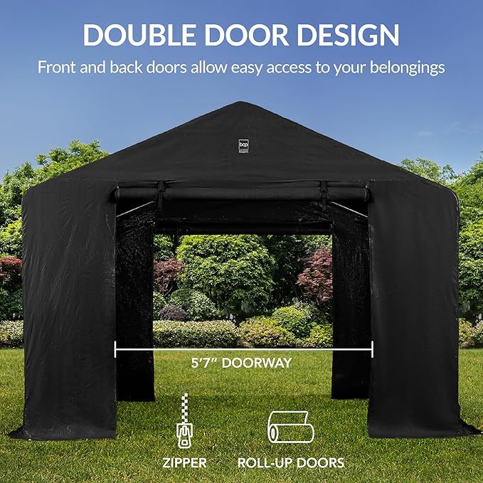 Best Choice Products 10x8ft Outdoor Storage Shed, Carport, Canopy Shelter, Dual Doors & Windows, Metal Frame, Weather-Resistant, Perfect for Storing Motorcycle, Bike, Garden Tools – Black