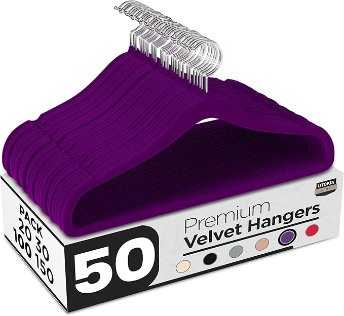 Utopia Home Velvet Hangers 50 Pack - Non-Slip Suit Hangers with 360 Degree Rotatable Hook - for Pants, Coats, Shirts & More (Purple)