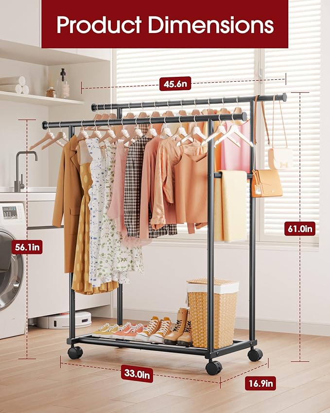 Metal Clothes Rack - Double Rod Clothing Rack with Fixed Extension Rod & Universal Wheels, Coat Rack with Built-In Shelf for Closet Organizers and Storage (45.6" x 16.9" x 61.0", Black)