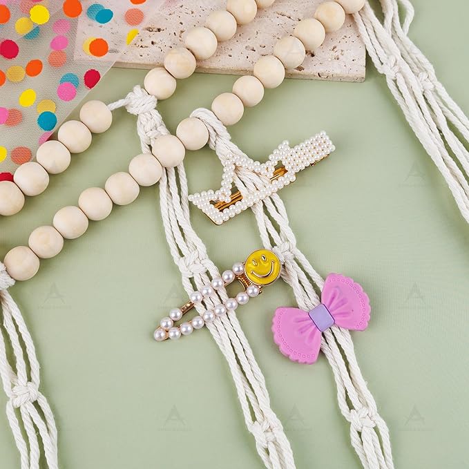 Hair Bow Holder Organizer for Wall Hanging Storage Macrame Boho Decor Handmade Headband With Wood Beads