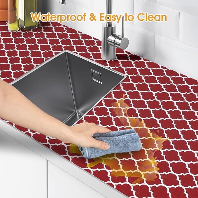 Shelf and Drawer Liner for Kitchen Cabinets Non-Adhesive, Strong Grip Non-Slip Thickened Cabinet Liners for Shelves, Waterproof Mats for Dresser Cupboard, Red/White, 23 in x 10 Feet