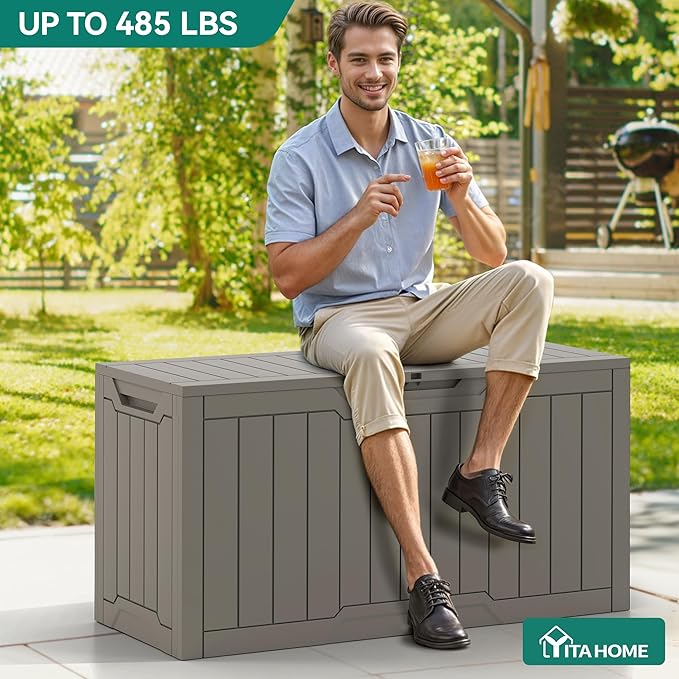 YITAHOME 80-Gallon Waterproof Resin Outdoor Storage Box, Lockable Storage Container for Outdoor Furniture, Cushion Storage, Pool Accessories, Garden Tools and Sporting Gear, Taupe