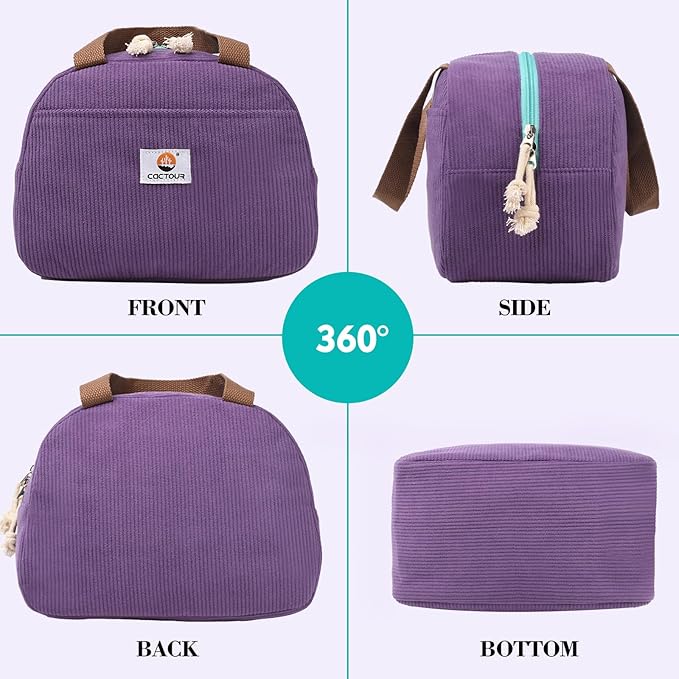 Lunch Box Lunch Bag for Women Girls Teens, Cute Lunch Box Cooler Bag, Portable Small Insulated LunchBox Reusable Corduroy Lunch Tote for Work/Travel/Picnic/School (Purple)