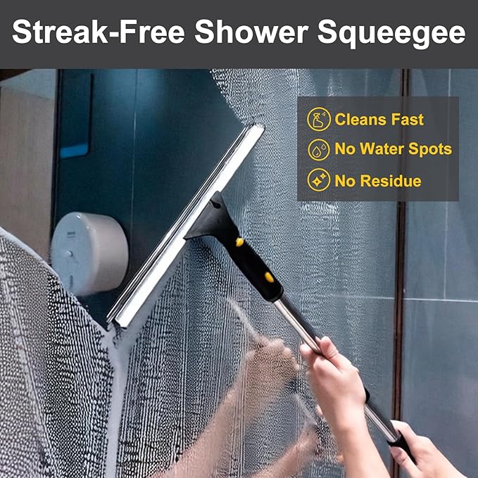 ITTAHO Shower Squeegee for Glass Doors, All-Purpose Extendable Window Squeegee with 2 Blades and Stainless Steel Pole, Window Cleaner Tool for Shower Doors, Windows, Bathroom and Car Windshields