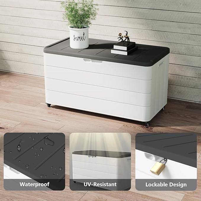 100GAL Square Storage Box (With Wheels) White，Waterproof Resin Storage Bin for Patio Cushions，Accessories，UV Resistan