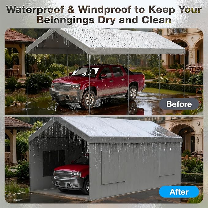 Carport Canopy Replacement Sidewall 20x6.6 FT Fits 10x20, 12x20, 20x20 FT Carport with Roll-up Windows, Waterproof & UV Protected, Easy Assembly with Ball Bungees, Grey (Sidewalls Only, 2 Pack)