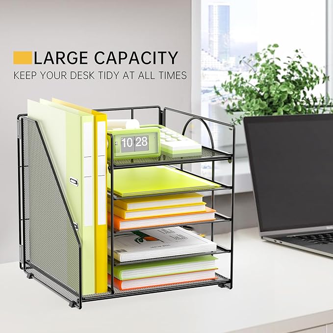 5 Tier Desk Organizer with Vertical File Holder, Desktop File Organizer for Office Home School, Black