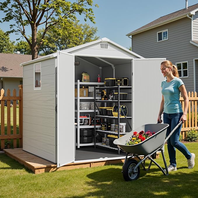 Greesum 6x6FT Plastic Outdoor Storage Shed with Floor, Resin Sheds with Lockable Double Door, Tool Sheds with Window and Vents, for Garden, Backyard, Patio, Light Gray